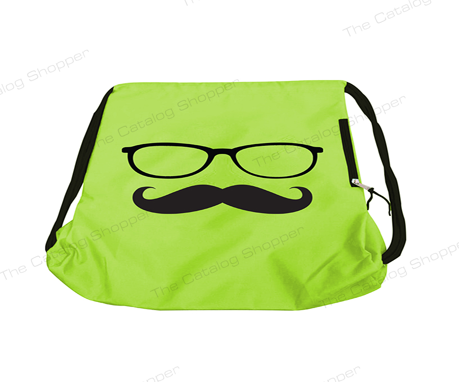 Drawstring Bag (Green with Glasses and Mustache Print with Purple Zipper and String)