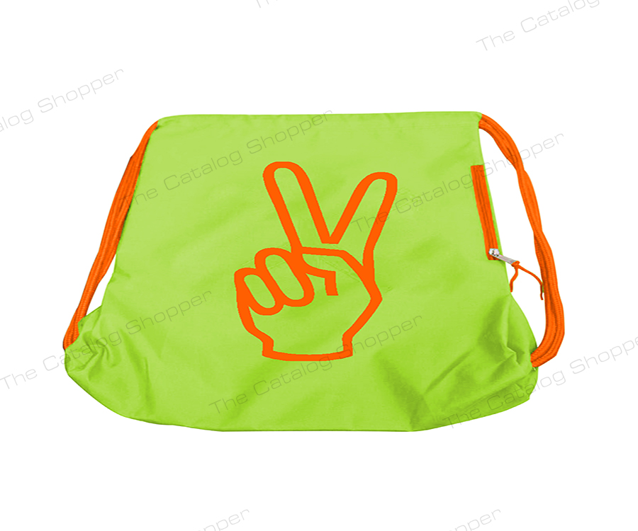 Drawstring Bag (Green with Orange Peace Hand Sign Zipper and Strings)