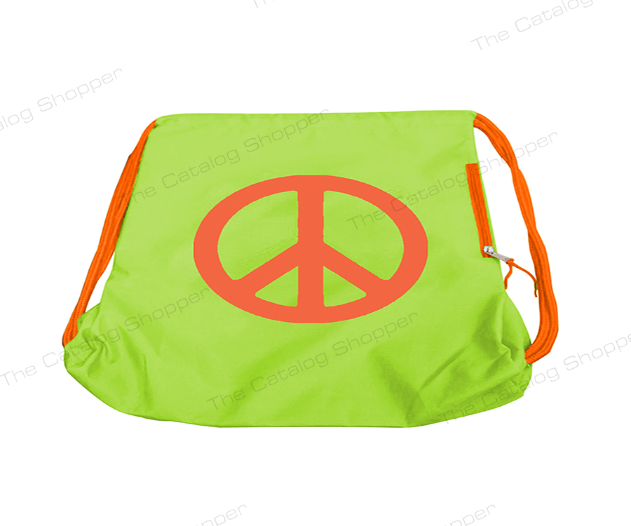 Drawstring Bag (Green with Orange Peace Sign Logo Zipper and Strings)