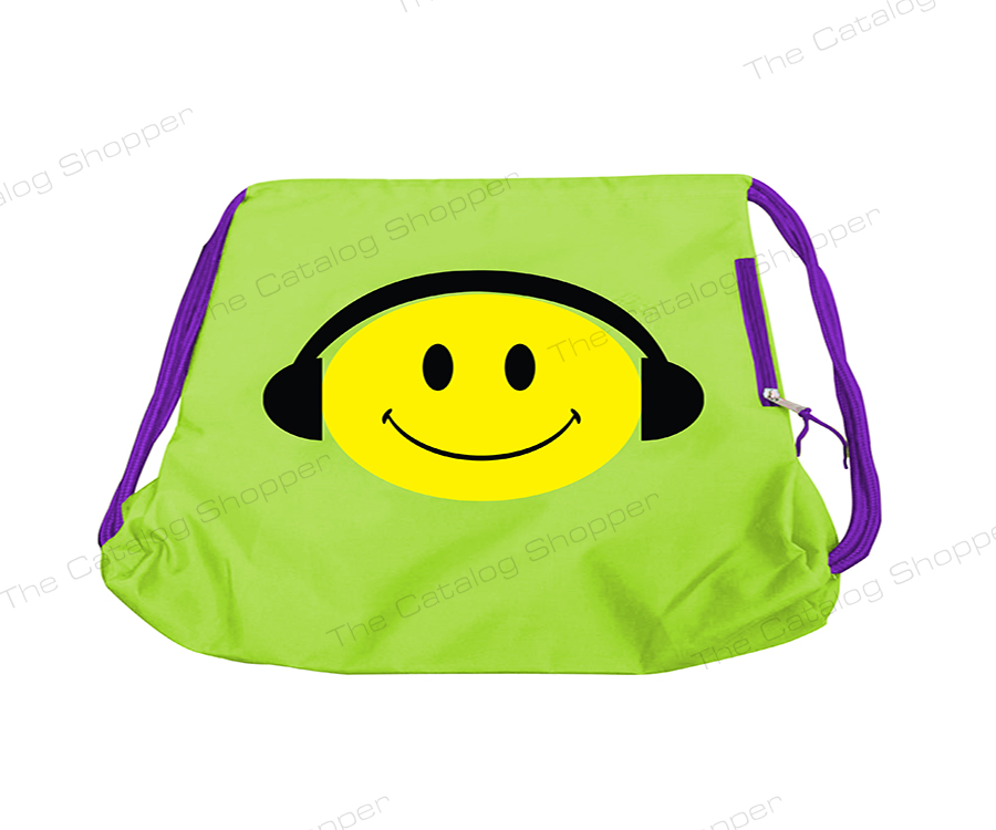 Drawstring Bag (Green with Yellow Smiley and Headset with Purple Zipper and String)