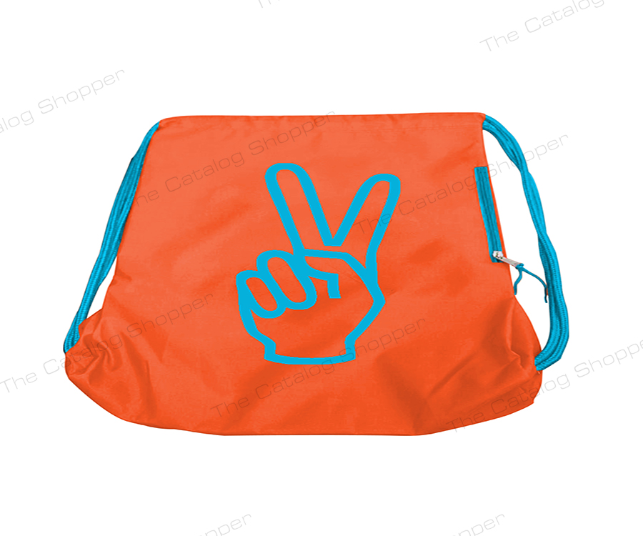 Drawstring Bag (Orange with Blue Peace Hand Sign Zipper and Strings)