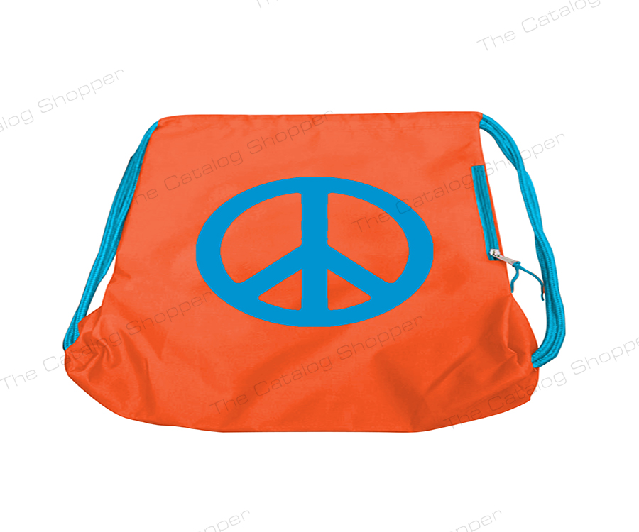 Drawstring Bag (Orange with Blue Peace Sign Logo Zipper and Strings)