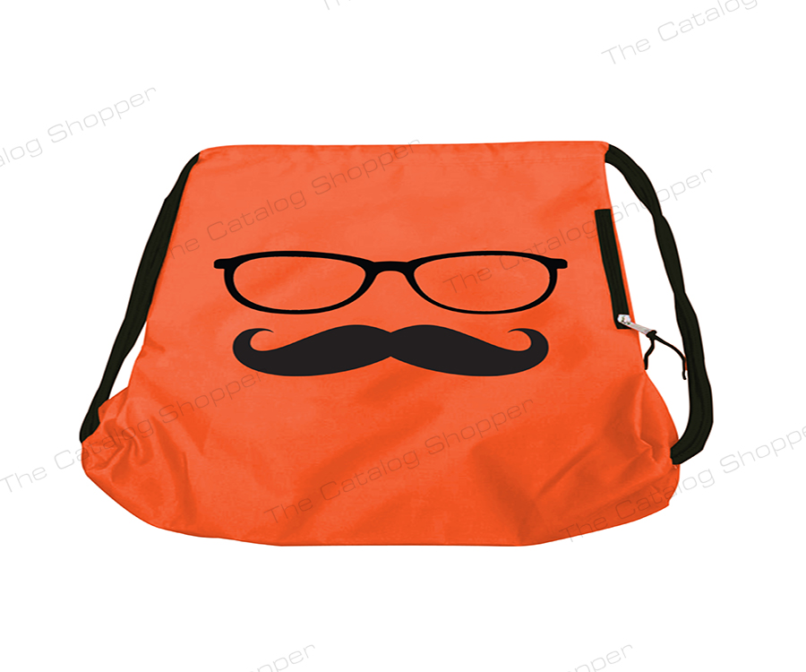 Drawstring Bag (Orange with Glasses and Mustache Print with Purple Zipper and String)