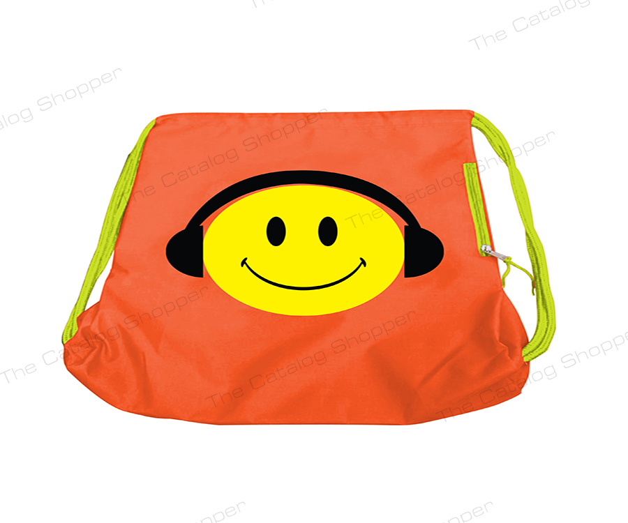 Drawstring Bag (Orange with Yellow Smiley and Headset with Green Zipper and String)