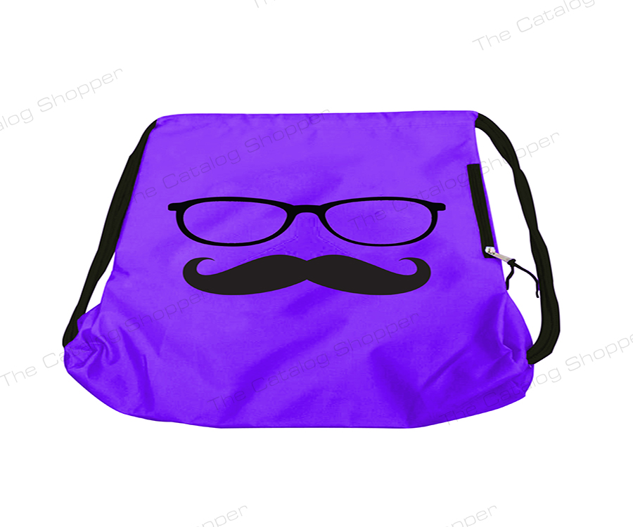 Drawstring Bag (Violet with Glasses and Mustache Print with Purple Zipper and String)