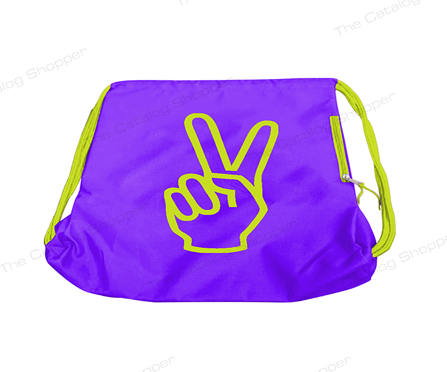 Drawstring Bag (Violet with Green Peace Hand Sign Zipper and Strings)