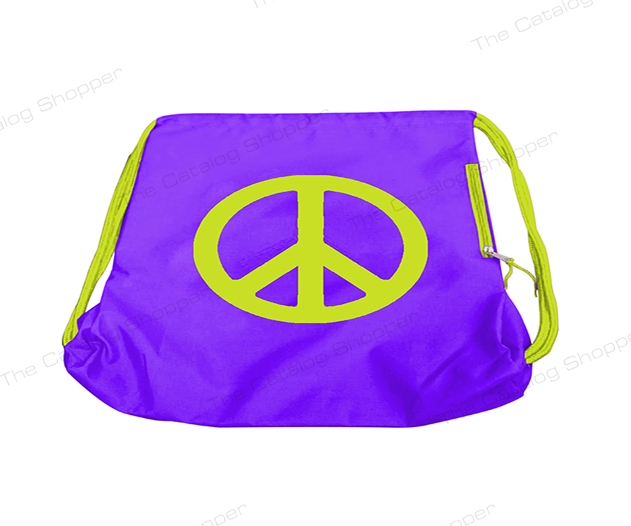 Drawstring Bag (Violet with Green Peace Sign Logo Zipper and Strings)