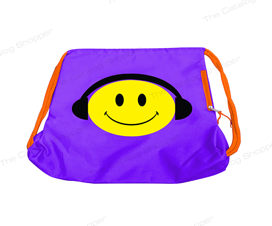Drawstring Bag (Violet with Yellow Smiley and Headset with Orange Zipper and String)